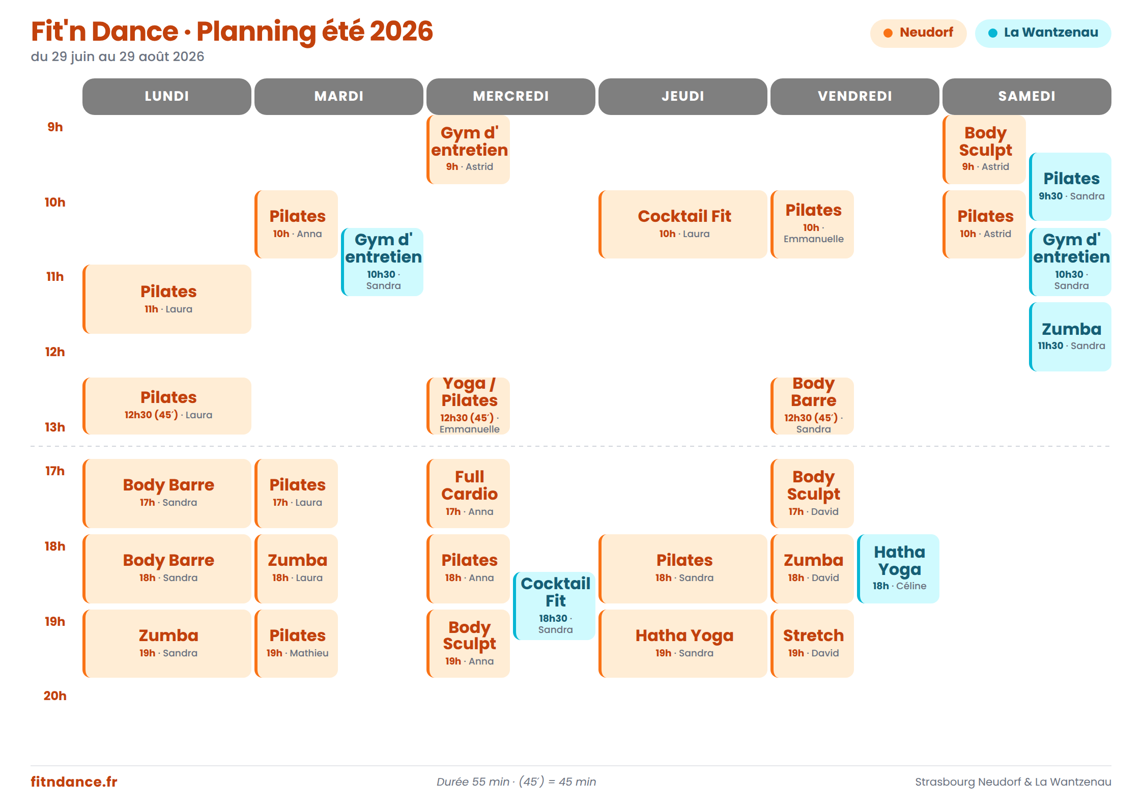 Planning des cours d'été 2026 Fit'n Dance