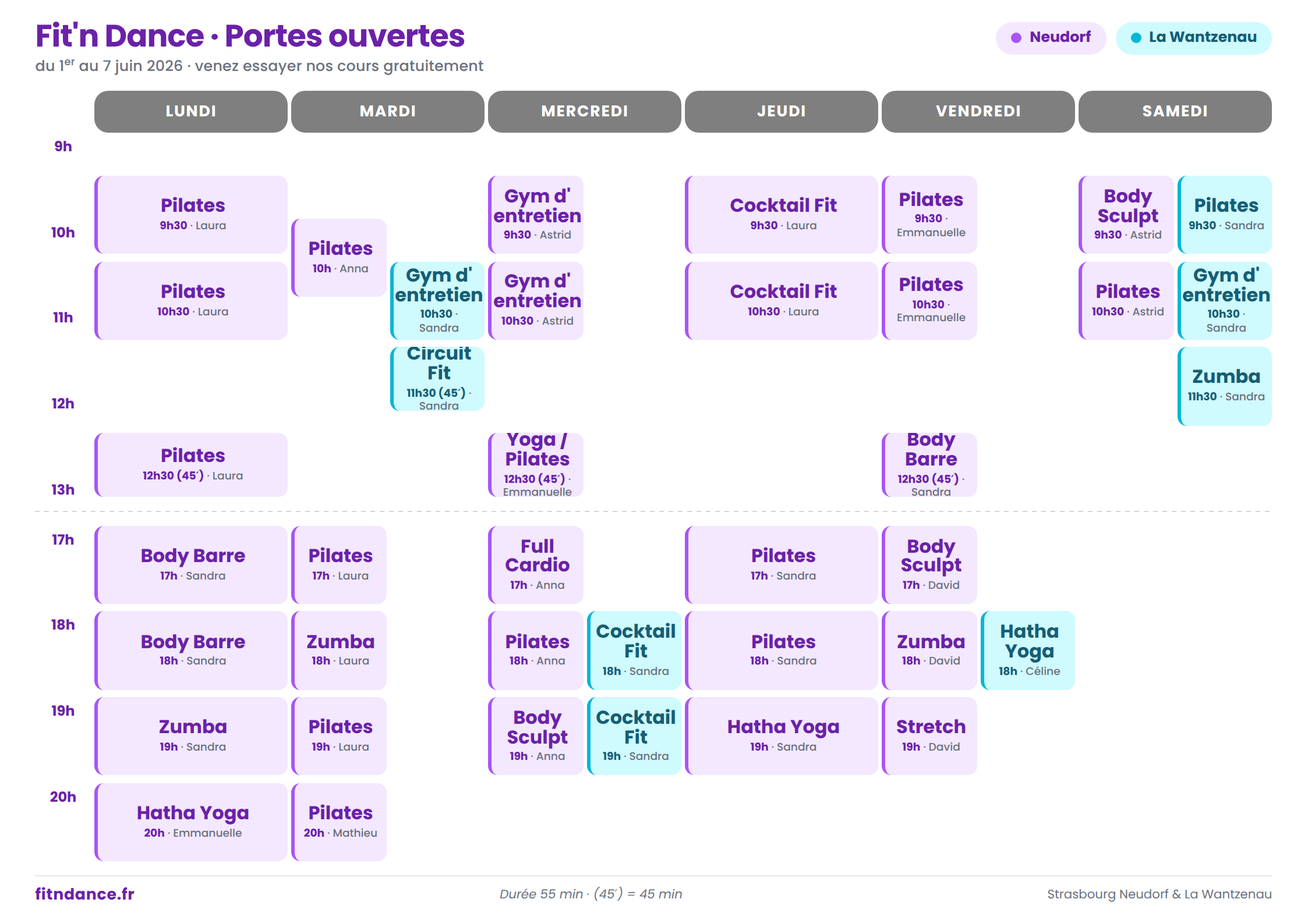 Planning des portes ouvertes Fit'n Dance du 1er au 7 juin 2026